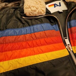 Aviator Nation Black Puffer Jacket with Colorful Stripes